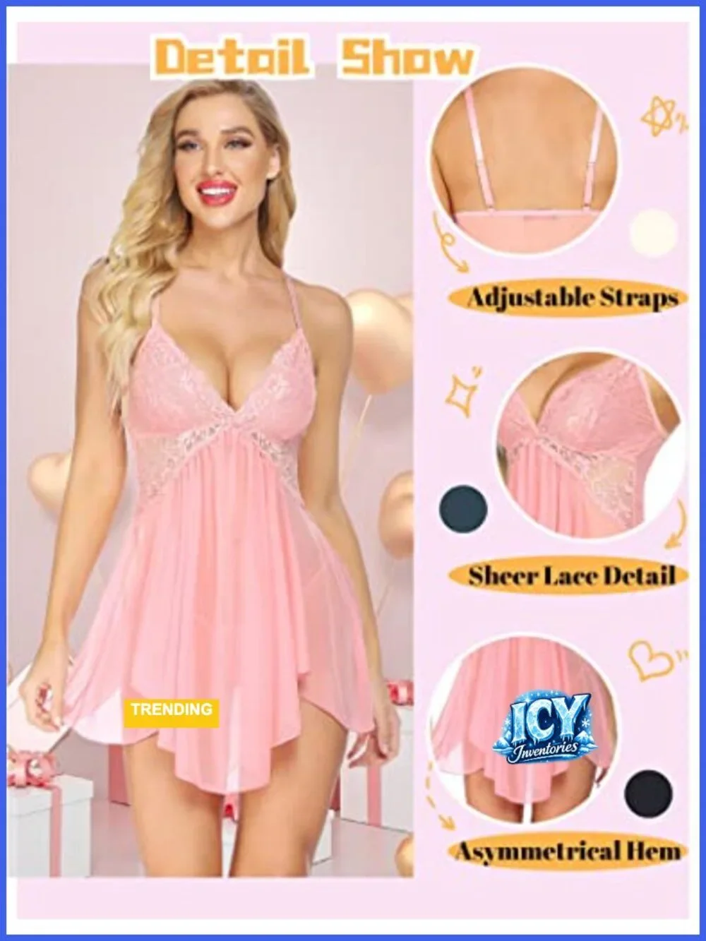 Lace Babydoll Chemise Sleepwear Deep V Neck Adjustable Straps